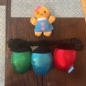 Bark Dog Toys (2 Toys)- Multicolor Gingerbread Plush & Green, Blue & Red Tug Toy